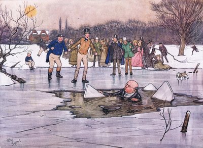 Een gezicht, hoofd en schouders, kwam onder het water vandaan en onthulde de gelaatstrekken en bril van Mr Pickwick door Cecil Charles Windsor Aldin